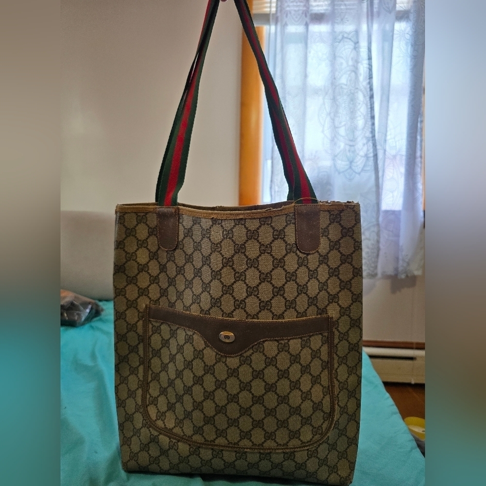 Gucci Monogram Tote Bag with Sherry Line Red and Green Straps - Picture 3 of 14